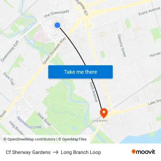 Cf Sherway Gardens to Long Branch Loop map