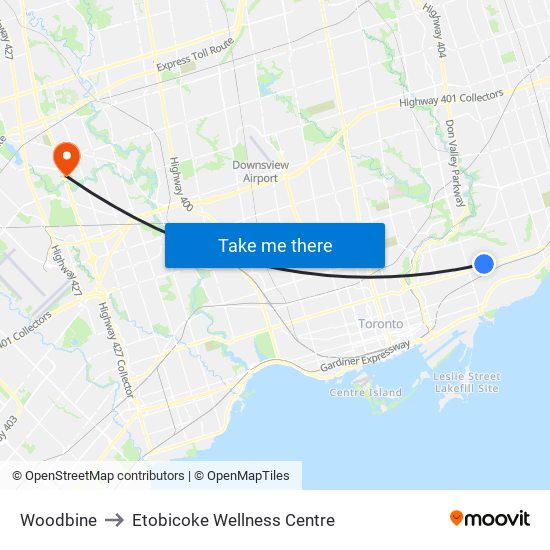 Woodbine to Etobicoke Wellness Centre map