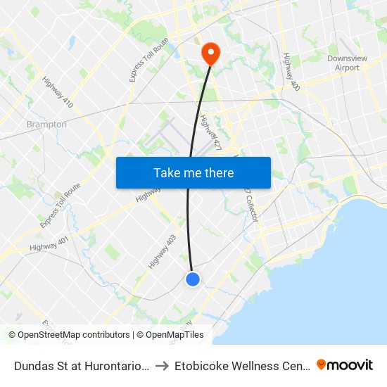 Dundas St at Hurontario St to Etobicoke Wellness Centre map