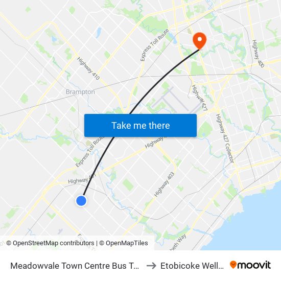 Meadowvale Town Centre Bus Terminal Platform H, I, J to Etobicoke Wellness Centre map