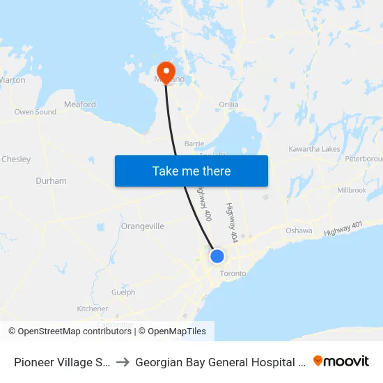 Pioneer Village Station to Georgian Bay General Hospital - Midland map