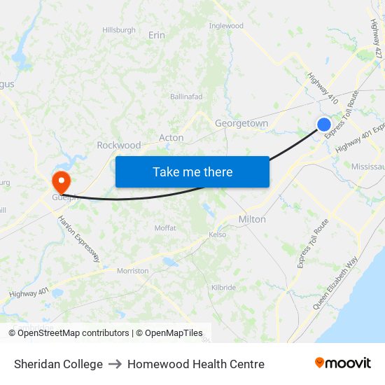 Sheridan College to Homewood Health Centre map