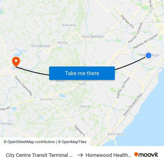 City Centre Transit Terminal Platform K to Homewood Health Centre map