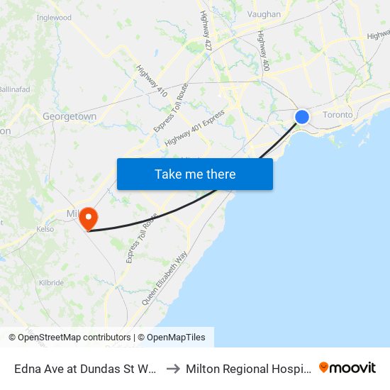 Edna Ave at Dundas St West to Milton Regional Hospital map