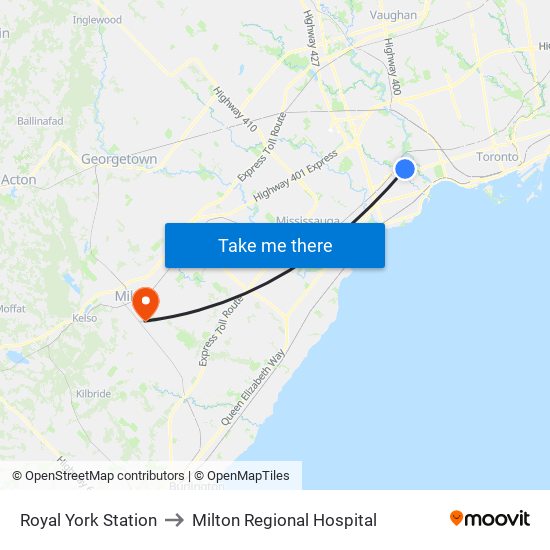 Royal York Station to Milton Regional Hospital map