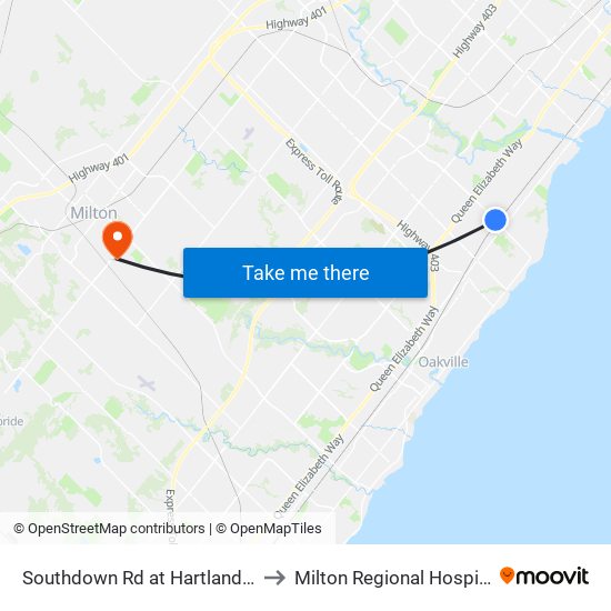 Southdown Rd at Hartland Dr to Milton Regional Hospital map