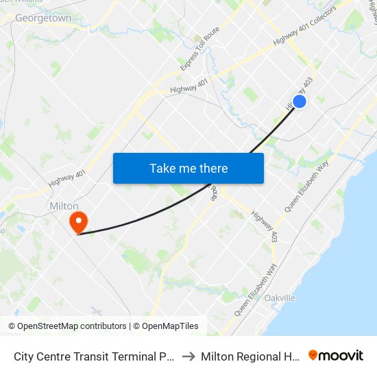 City Centre Transit Terminal Platform K to Milton Regional Hospital map