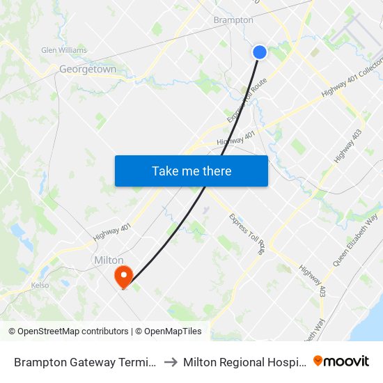 Brampton Gateway Terminal to Milton Regional Hospital map