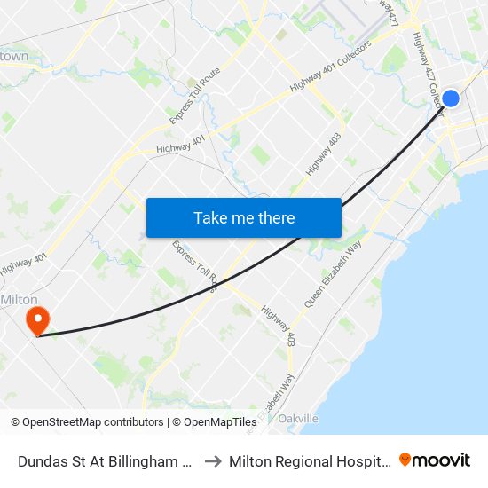 Dundas St At Billingham Rd to Milton Regional Hospital map