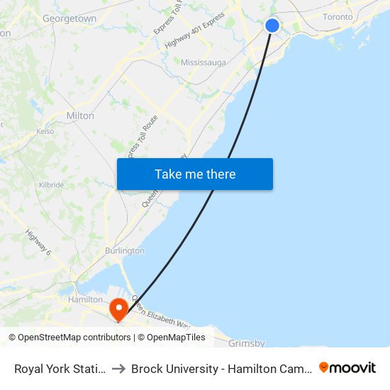 Royal York Station to Brock University - Hamilton Campus map