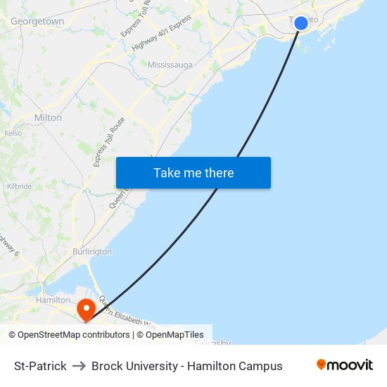 St-Patrick to Brock University - Hamilton Campus map