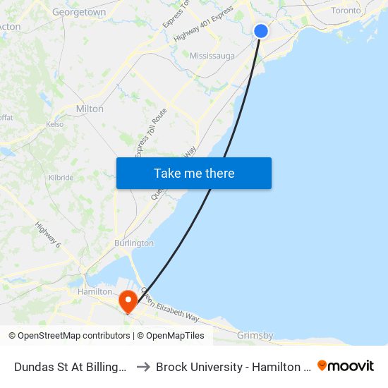 Dundas St At Billingham Rd to Brock University - Hamilton Campus map