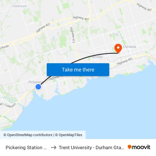 Pickering Station Go Rail to Trent University - Durham Gta Campus map