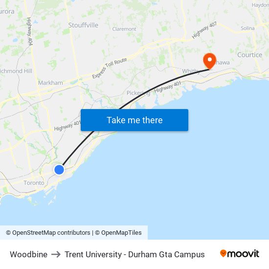 Woodbine to Trent University - Durham Gta Campus map