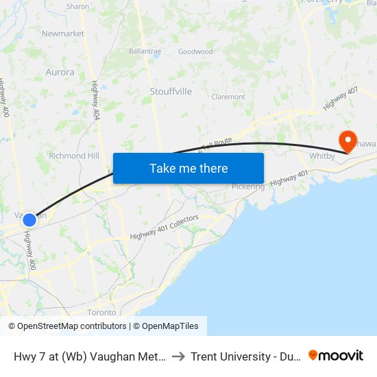 Hwy 7 at (Wb) Vaughan Metropolitan Centre Station to Trent University - Durham Gta Campus map