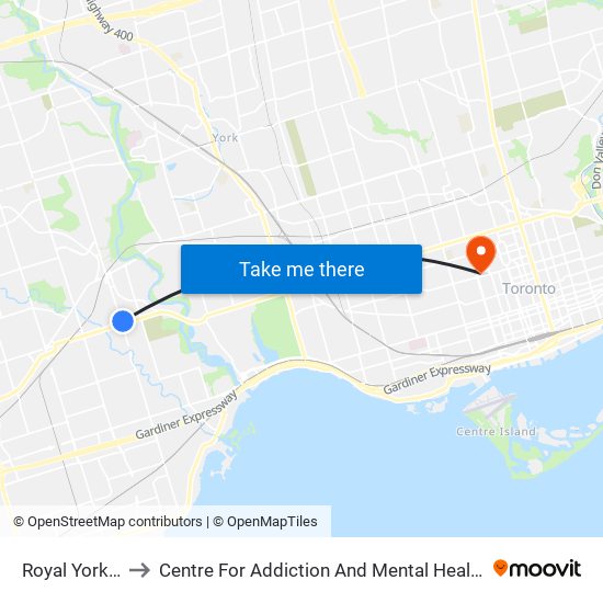 Royal York Station to Centre For Addiction And Mental Health - College Street Site map