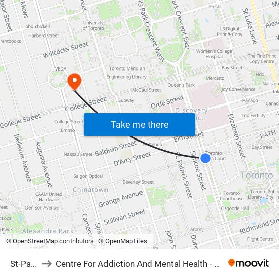 St-Patrick to Centre For Addiction And Mental Health - College Street Site map