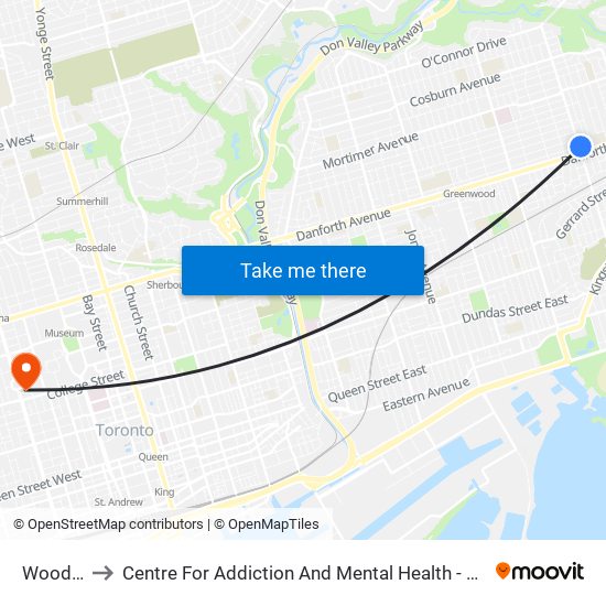 Woodbine to Centre For Addiction And Mental Health - College Street Site map