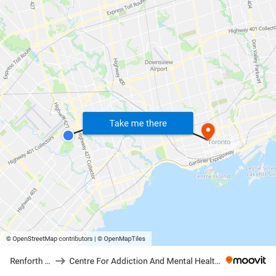 Renforth Station to Centre For Addiction And Mental Health - College Street Site map