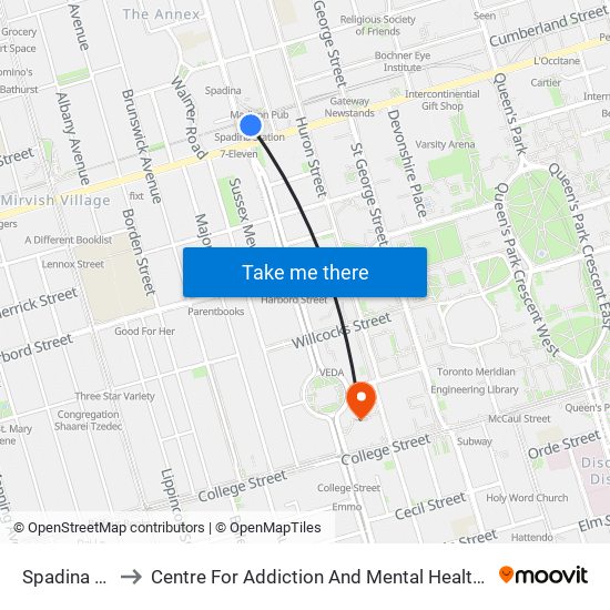 Spadina Station to Centre For Addiction And Mental Health - College Street Site map