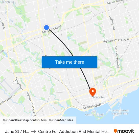 Jane St / Highway 7 to Centre For Addiction And Mental Health - College Street Site map