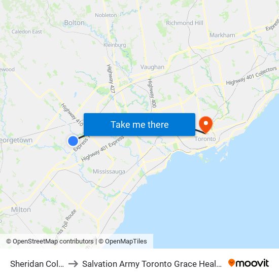 Sheridan College to Salvation Army Toronto Grace Health Centre map