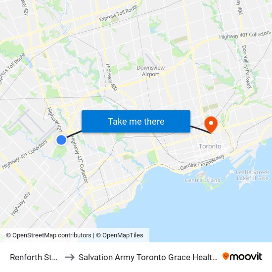 Renforth Station to Salvation Army Toronto Grace Health Centre map