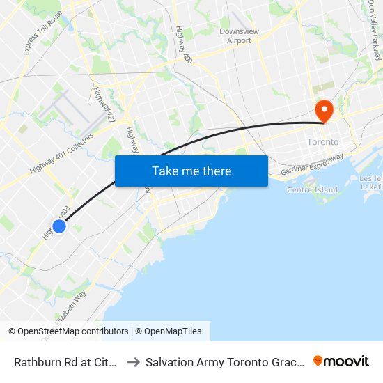 Rathburn Rd at City Centre Dr to Salvation Army Toronto Grace Health Centre map