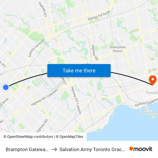 Brampton Gateway Terminal to Salvation Army Toronto Grace Health Centre map