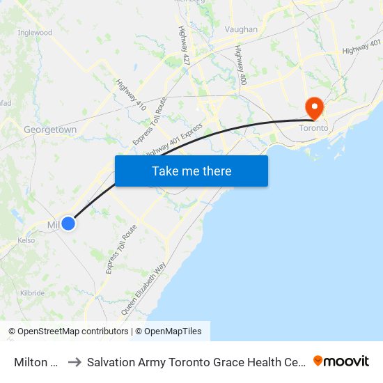 Milton Go to Salvation Army Toronto Grace Health Centre map