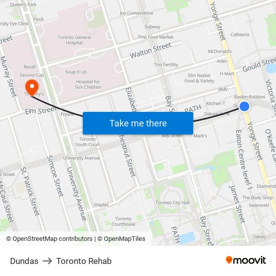 Dundas to Toronto Rehab map