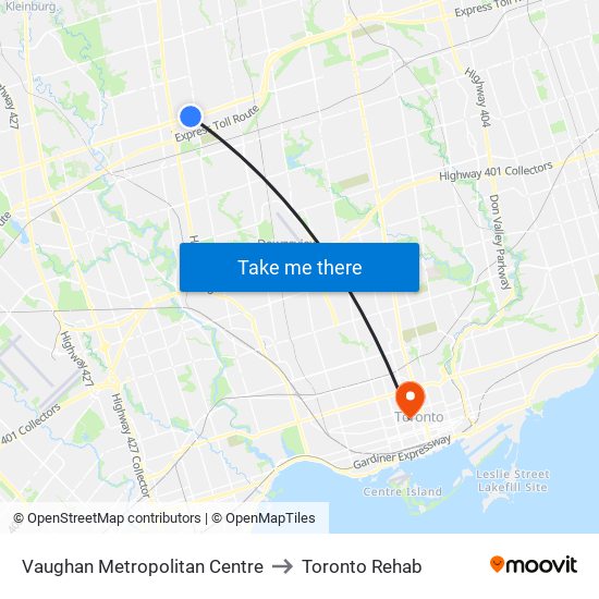 Vaughan Metropolitan Centre to Toronto Rehab map