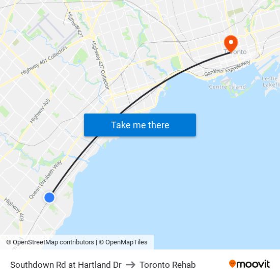 Southdown Rd at Hartland Dr to Toronto Rehab map