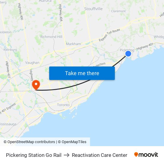 Pickering Station Go Rail to Reactivation Care Center map