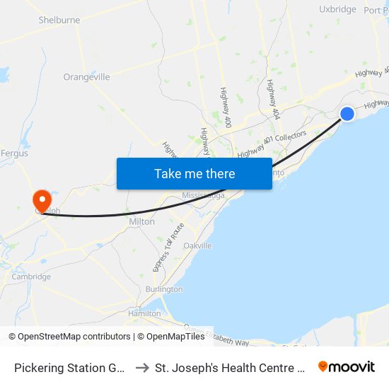 Pickering Station Go Rail to St. Joseph's Health Centre Guelph map