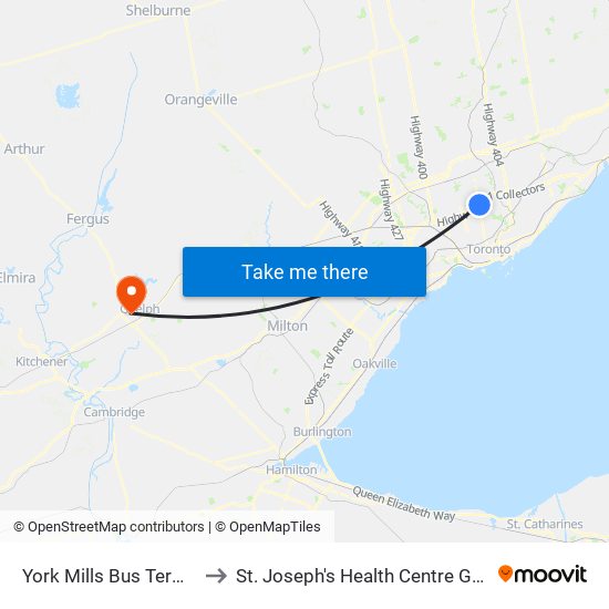 York Mills Bus Terminal to St. Joseph's Health Centre Guelph map