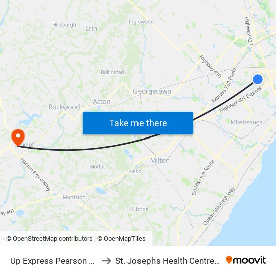 Up Express Pearson Airport to St. Joseph's Health Centre Guelph map