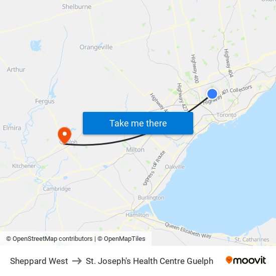 Sheppard West to St. Joseph's Health Centre Guelph map