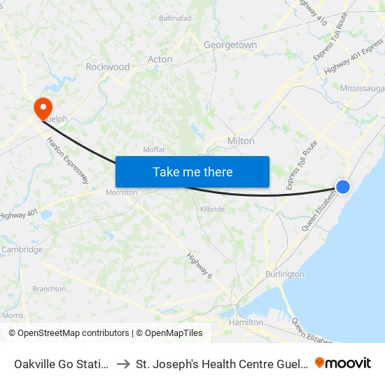 Oakville Go Station to St. Joseph's Health Centre Guelph map