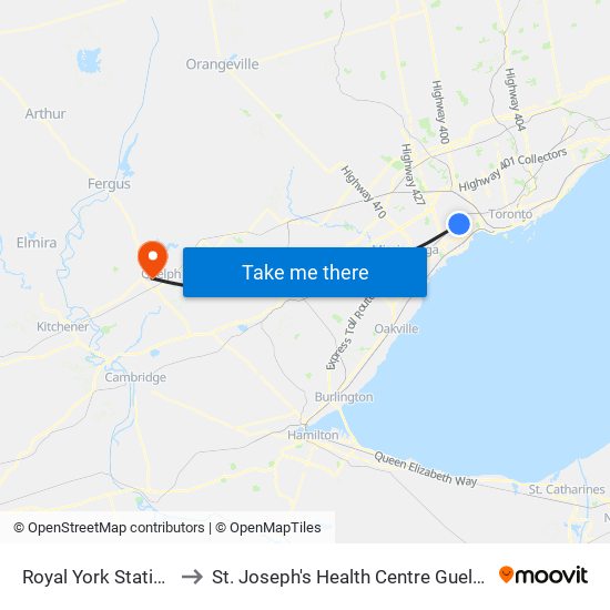 Royal York Station to St. Joseph's Health Centre Guelph map