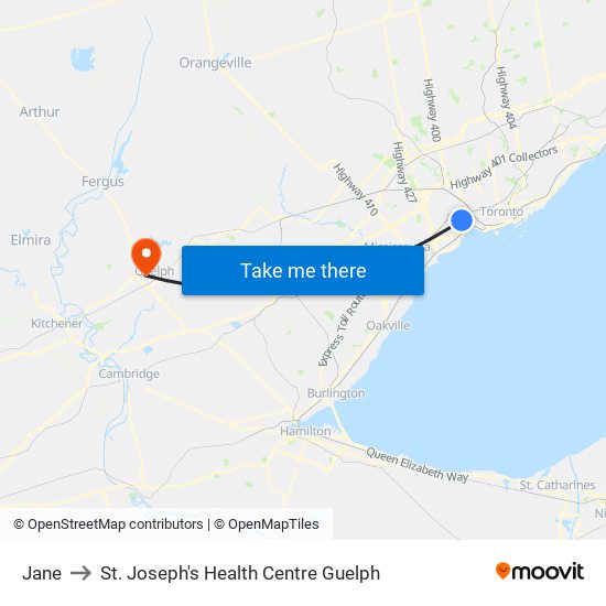 Jane to St. Joseph's Health Centre Guelph map