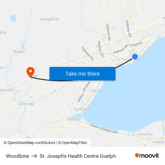 Woodbine to St. Joseph's Health Centre Guelph map