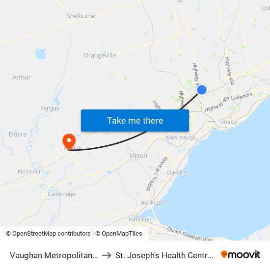 Vaughan Metropolitan Centre to St. Joseph's Health Centre Guelph map