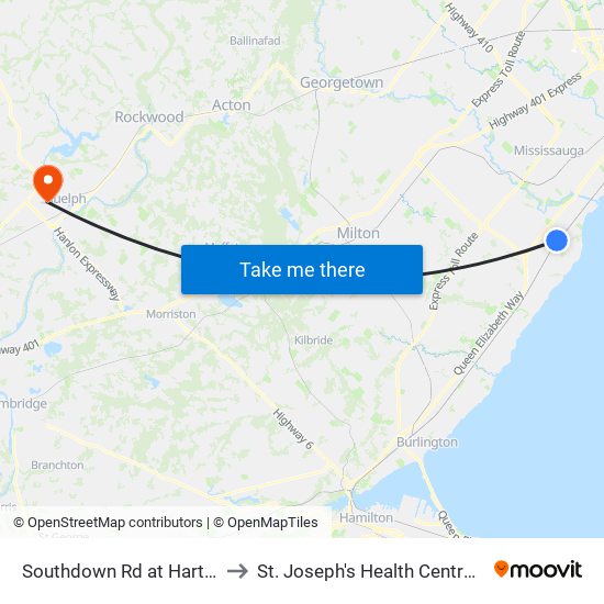 Southdown Rd at Hartland Dr to St. Joseph's Health Centre Guelph map