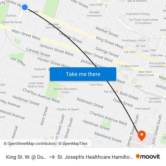 King St. W. @ Dundurn St. N. to St. Joseph's Healthcare Hamilton - Charlton Campus map