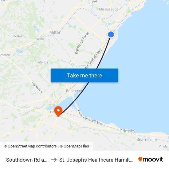 Southdown Rd at Hartland Dr to St. Joseph's Healthcare Hamilton - Charlton Campus map