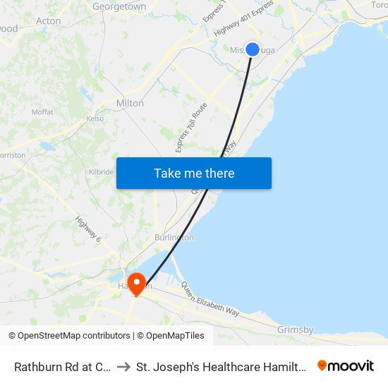 Rathburn Rd at City Centre Dr to St. Joseph's Healthcare Hamilton - Charlton Campus map