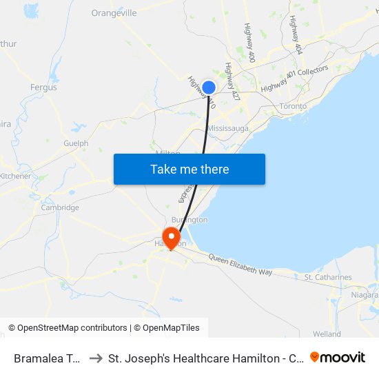 Bramalea Terminal to St. Joseph's Healthcare Hamilton - Charlton Campus map