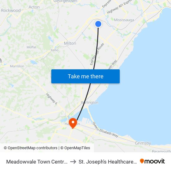 Meadowvale Town Centre Bus Terminal Platform H, I, J to St. Joseph's Healthcare Hamilton - Charlton Campus map