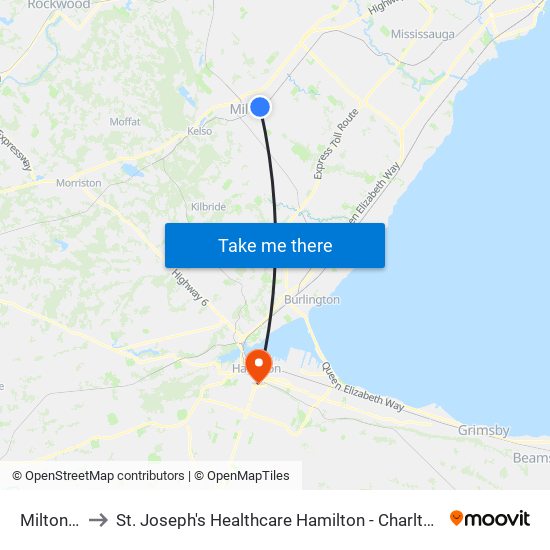 Milton Go to St. Joseph's Healthcare Hamilton - Charlton Campus map